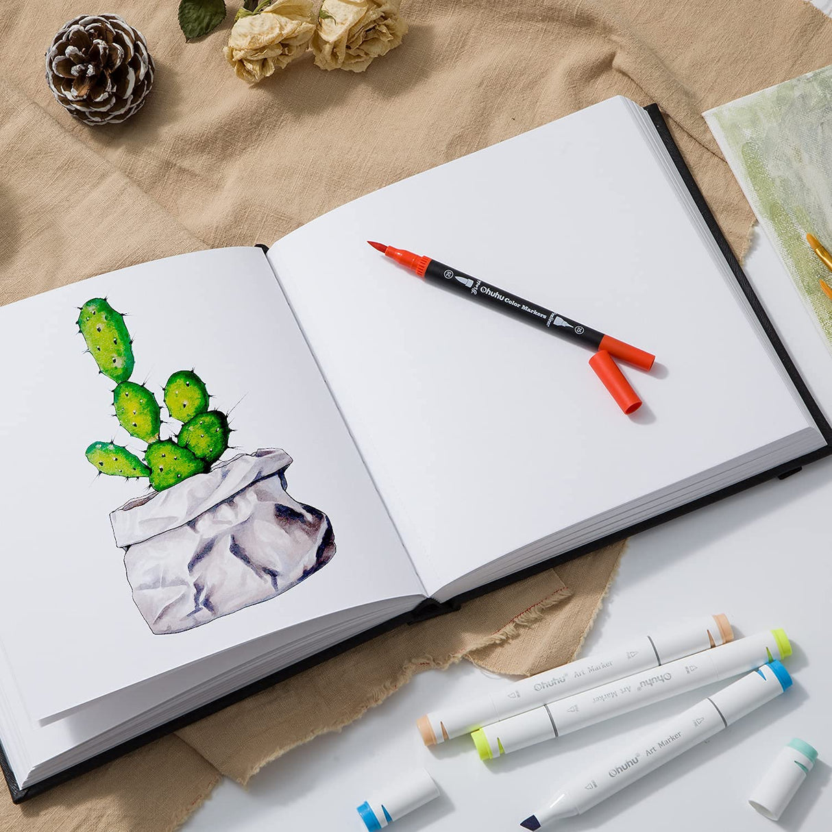 Ohuhu Mix Media Pad - 8.3"x8.3" Mixed Media Art Sketchbook, 120 lb/200 GSM Heavyweight Papers, 78 Sheets/156 Pages, PU Hardcover Mixed Media Paper Pad for Acrylic Painting Christmas Gift Ohuhu