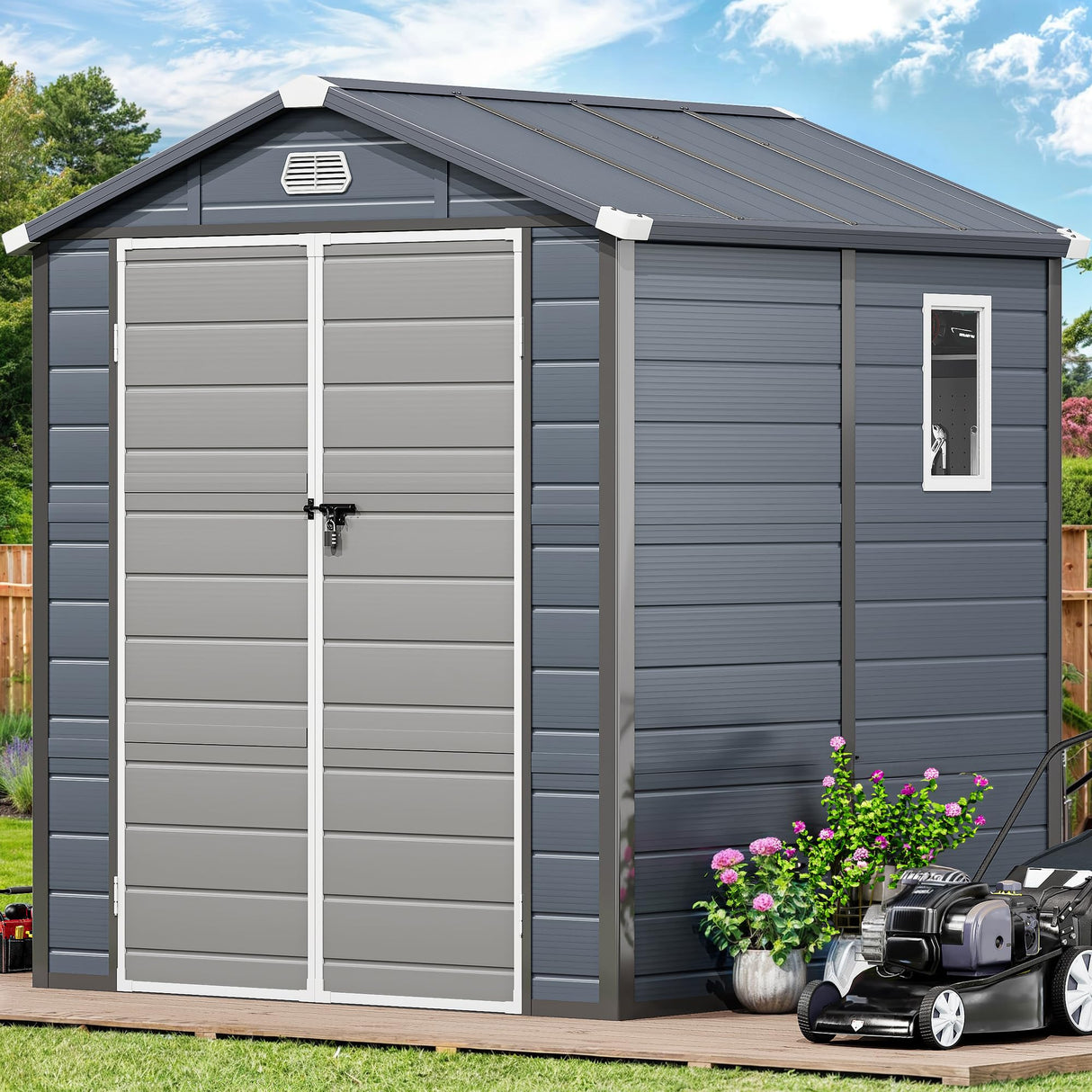 YITAHOME 6x6FT Resin Storage Unit sans Flooring, All-Weather Plastic Shed with Window, Vents and Secured Doors, Outdoor Plastic Tool Cabin for Poolside, Lawn, Backyard, Patio, Dark Gray YITAHOME