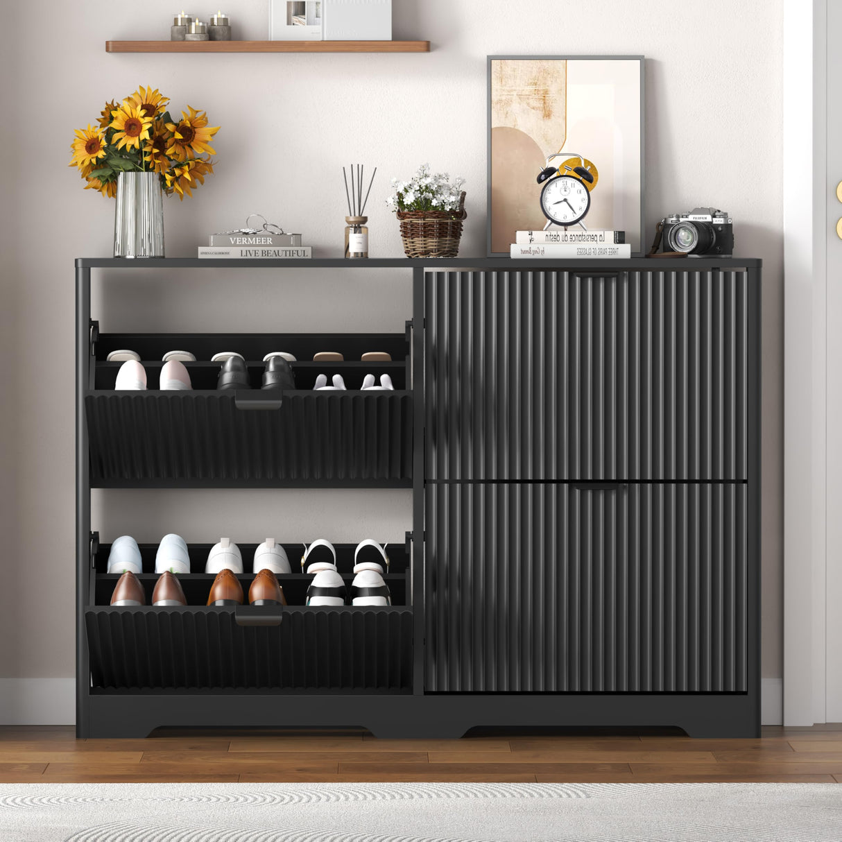 Shoe Cabinet Storage for Entryway with 4 Flip Drawers, Black Fluted Shoe Cabinet with Adjustable Shelves, Wooden Hidden Shoe Rack Freestanding Narrow Slim Shoes Storage for Hallway, Entrance HUANLEGO