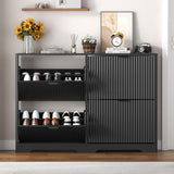 Shoe Cabinet Storage for Entryway with 4 Flip Drawers, Black Fluted Shoe Cabinet with Adjustable Shelves, Wooden Hidden Shoe Rack Freestanding Narrow Slim Shoes Storage for Hallway, Entrance HUANLEGO