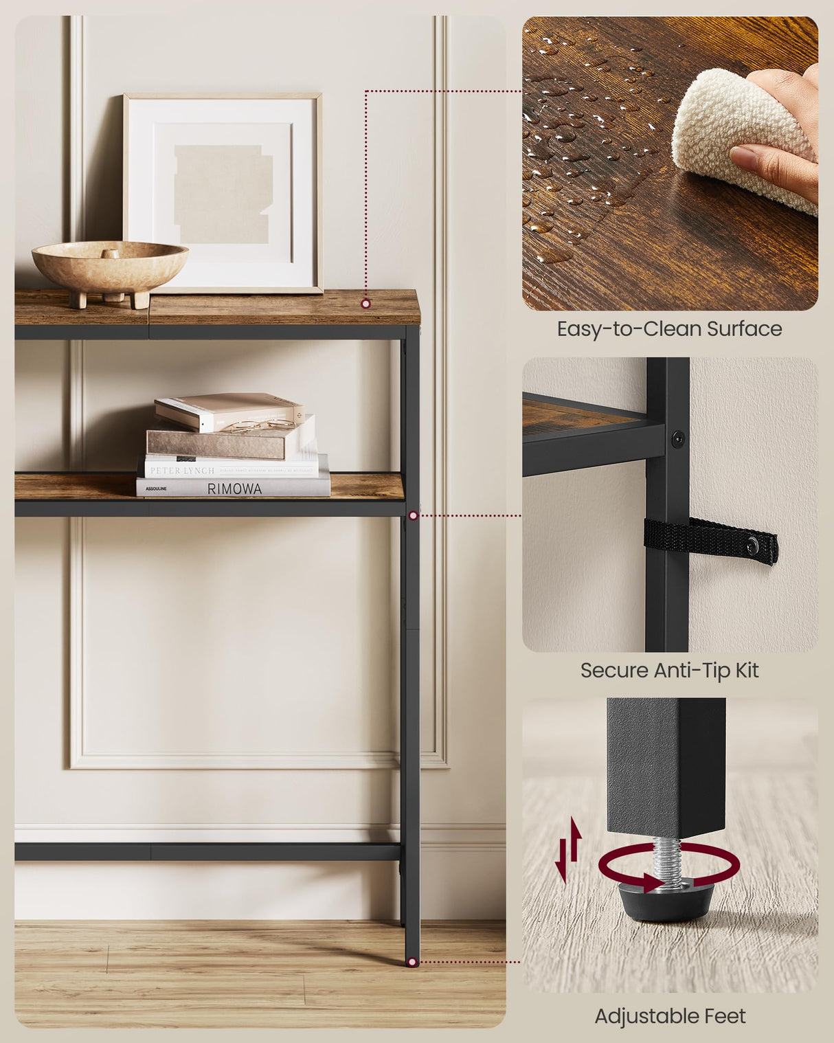 VASAGLE Console Table, 2-Tier Sofa Table, 7.9 x 39.4 x 31.5 Inches, Narrow Entryway Table, Modern Entry Table with 2 Shelves, for Living Room, Bedroom, Rustic Brown and Ink Black ULNT131K01 VASAGLE