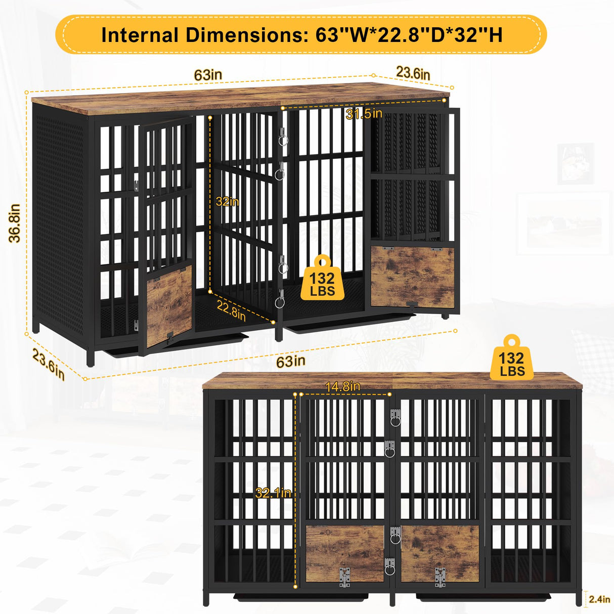 BOINN Large Dog Crate Furniture, 63 inch Heavy Duty Double Dog Crate with Divider, Extra Large Dog Kennel Furniture with Removable Trays for Medium Large Dogs BOINN