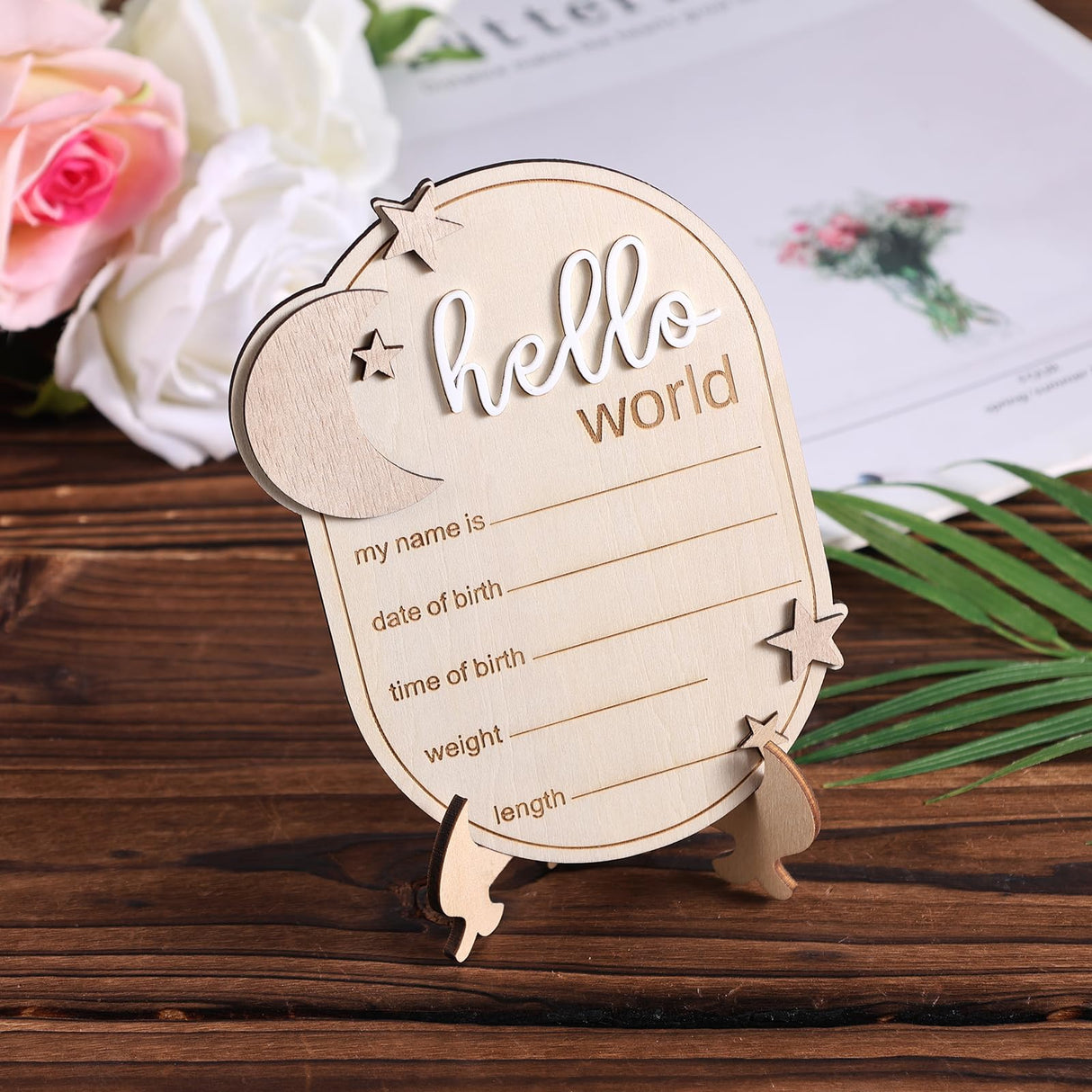 Baby Announcement Sign, 5.91x4.33 Inch Wooden Newborn Announcement Sign with Stand Wood Hello World Newborn Baby Name Sign Birth Announcement Sign for Home Hospital Nursery Gosknor