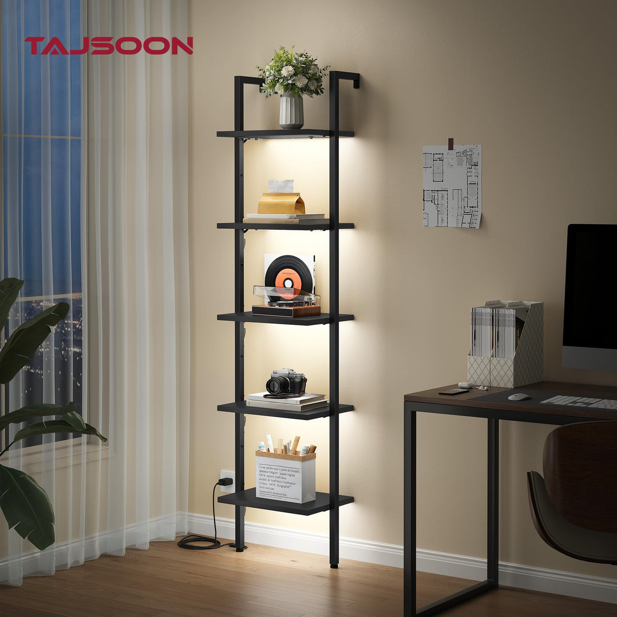 Tajsoon 5 Tier Ladder Shelf with Light, Wooden Wall Mounted Book Shelf, Ladder Bookshelf with Metal Frame, Wall Mounted Ladder Bookshelf for Office, Living Room, Bedroom, Black Tajsoon