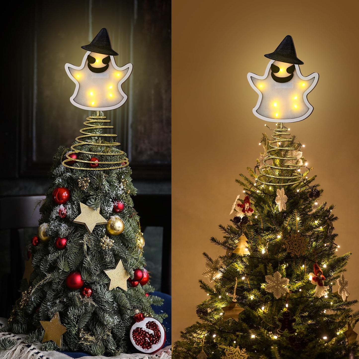 Halloween Tree Topper 15 Inches Pumpkin Skull Ghost Tree Topper Wood Tree Ornament Tree Star with LED Light Halloween Christmas Tree Ornaments for Halloween Party