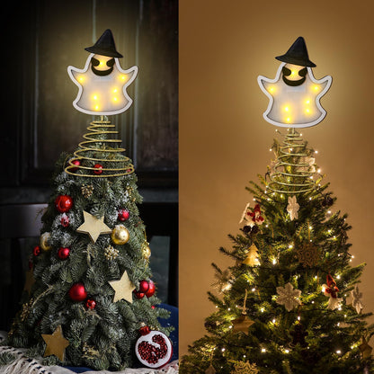 Halloween Tree Topper 15 Inches Pumpkin Skull Ghost Tree Topper Wood Tree Ornament Tree Star with LED Light Halloween Christmas Tree Ornaments for Halloween Party