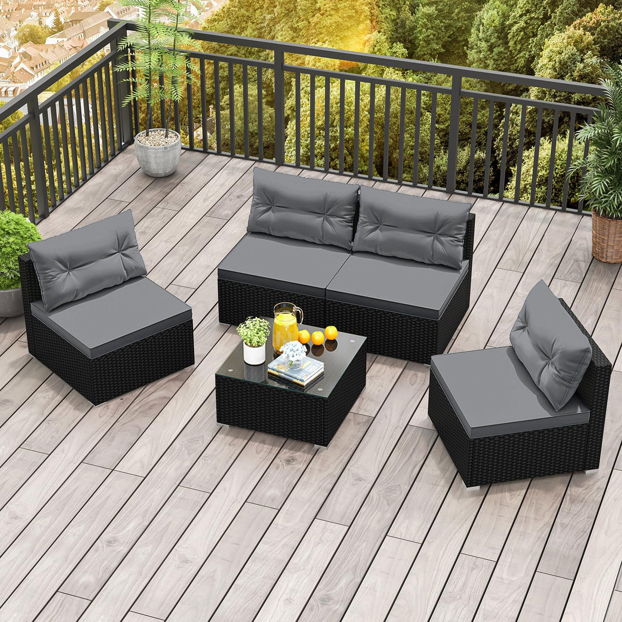 RELAX4LIFE 5-Piece Outdoor Patio Furniture Set, Rattan Sectional Sofa Set w/Glass-Top Coffee Table, Soft Seat & Back Cushions, Bistro Set for Garden Backyard Porch, Wicker Conversation Set (Grey) RELAX4LIFE