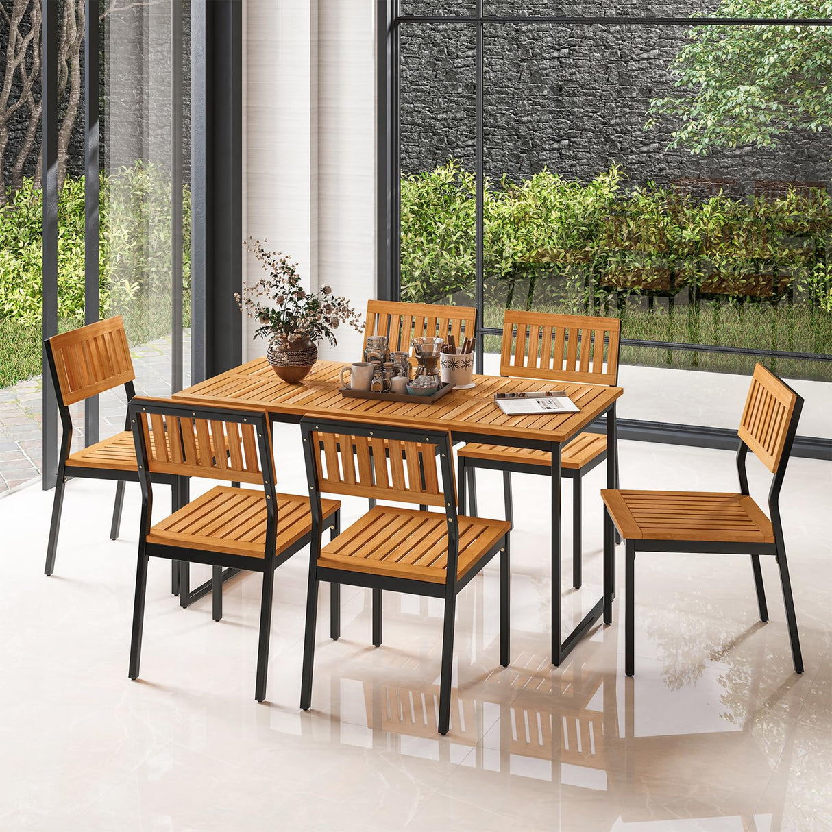 Tangkula 7 Piece Outdoor Dining Set for 6, Acacia Wood Rectangular Dining Table & 6 Armless Chairs w/Metal Frame, Umbrella Hole, Farmhouse Dining Furniture Set for Garden Porch Poolside Tangkula