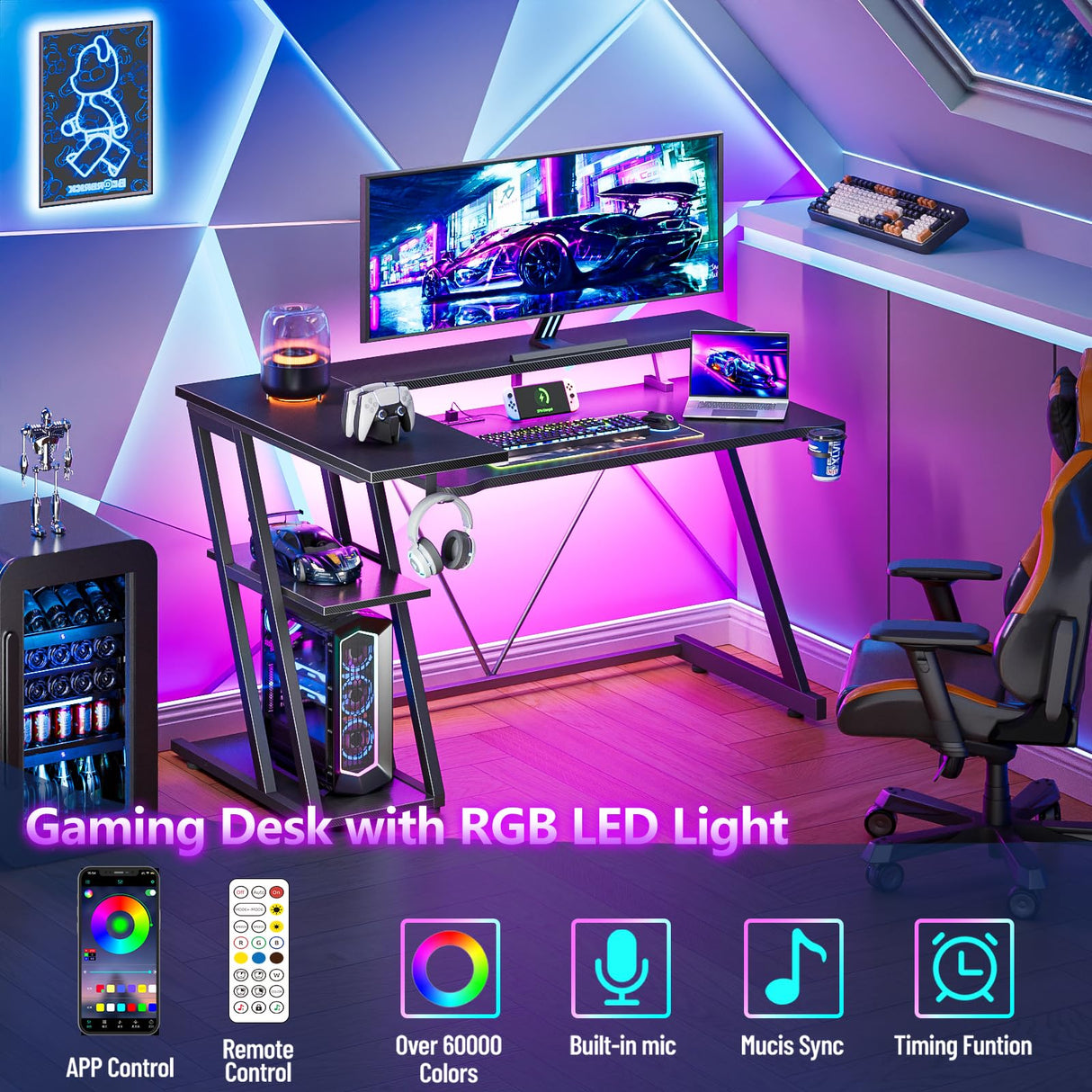 Korfile Computer Gaming Desk with Power Outlet & LED Lights, 47 Inch L Shaped Gamer Table with Storage Shelves for Bedroom, Reversible Corner Home Office Desk, Carbon Fiber Black Korfile