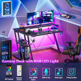 Korfile Computer Gaming Desk with Power Outlet & LED Lights, 47 Inch L Shaped Gamer Table with Storage Shelves for Bedroom, Reversible Corner Home Office Desk, Carbon Fiber Black Korfile