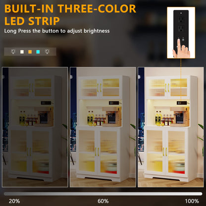 LVSOMT 67" LED Storage Cabinet with Charging Station, Sockets & USB Ports For Kitchen Pantry, Microwave Hutch, Buffet Sideboard with Top & Bottom Doors for Dinning Room, White - WoodArtSupply
