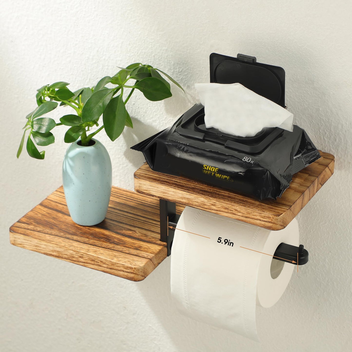 AIDILI Toilet Paper Holder with Shelf Wall Mounted - Bathroom Tissue Holder&Farmhouse Toilet Roll Holder with Wipes Storage, Carbon Rustic