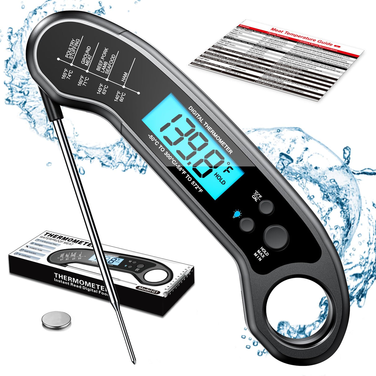 Meat Thermometer Digital, Instant Read Meat ThermometerI for Grill and Cooking, Waterproof Food Thermometer for Kitchen and Outside, BBQ, Turkey, Candy, Liquids, Beef ROUUO