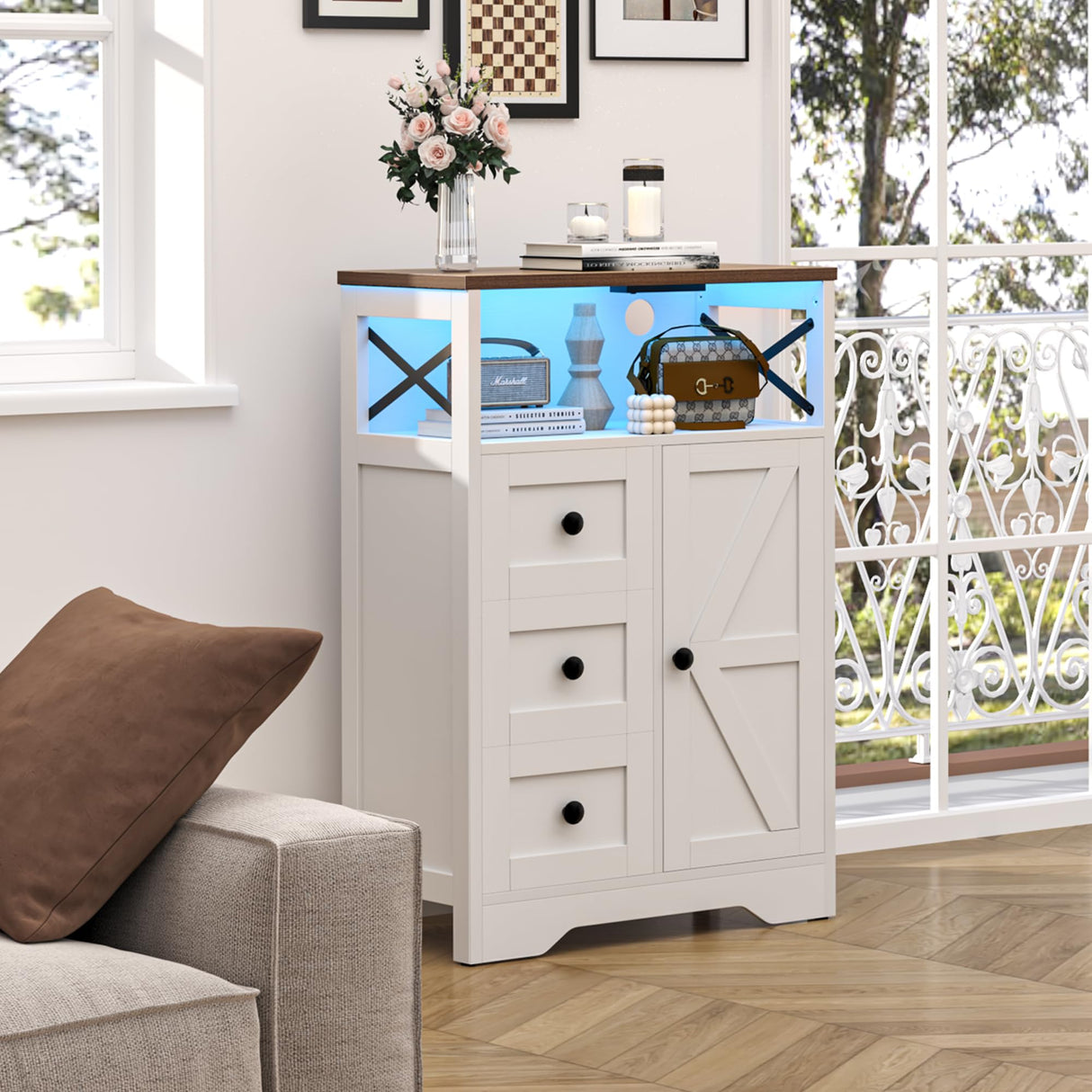 Yoobure LED Storage Cabinet with Doors and Shelves, Farmhouse Coffee Bar Pantry Cabinet with Drawers and Power Outlet, Wood Sideboard for Entryway Bathroom Dining Room Living Room Bedroom, White Yoobure