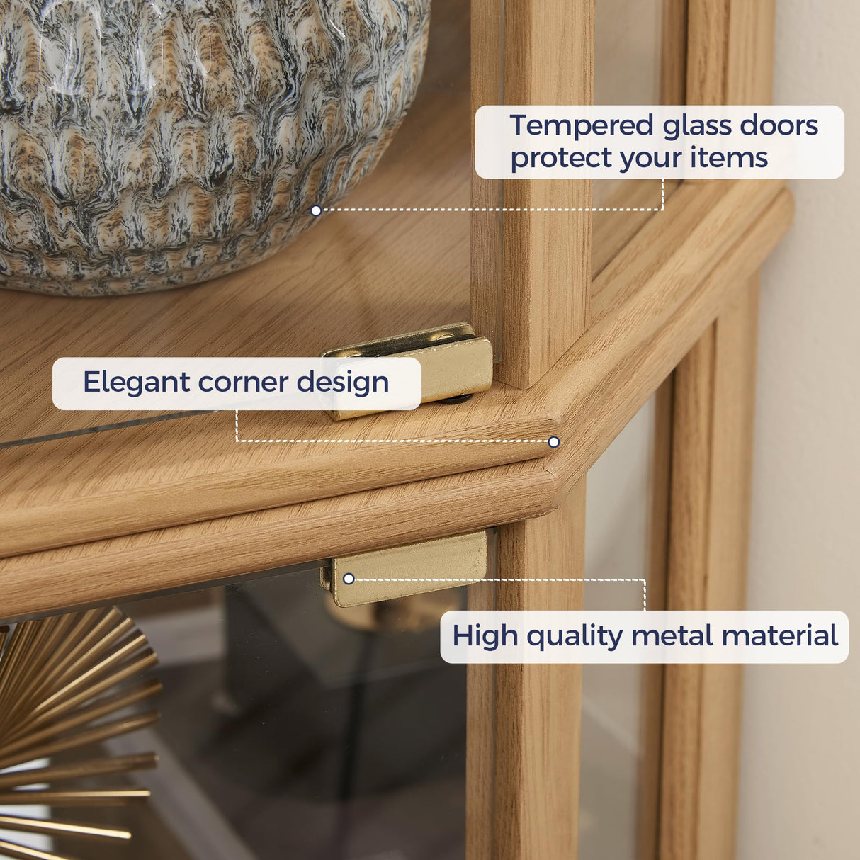 Trygoal Lighted 3-Side Glass Display Curio Cabinet, Accent Wooden Corner Cabinet with Elegant Glass Door, Wooden Storage Display Case for Living Room, Dining Room, Light Oak Trygoal