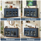 Joaxswe Farmhouse Sideboard Buffet Cabinet with Storage,59" Large Credenza with 4 Glass Doors & 2 Drawers,Adjustable Shelves Console Table,Wood Kitchen Coffee Bar for Dining Room,Living Room,Navy Blue Joaxswe