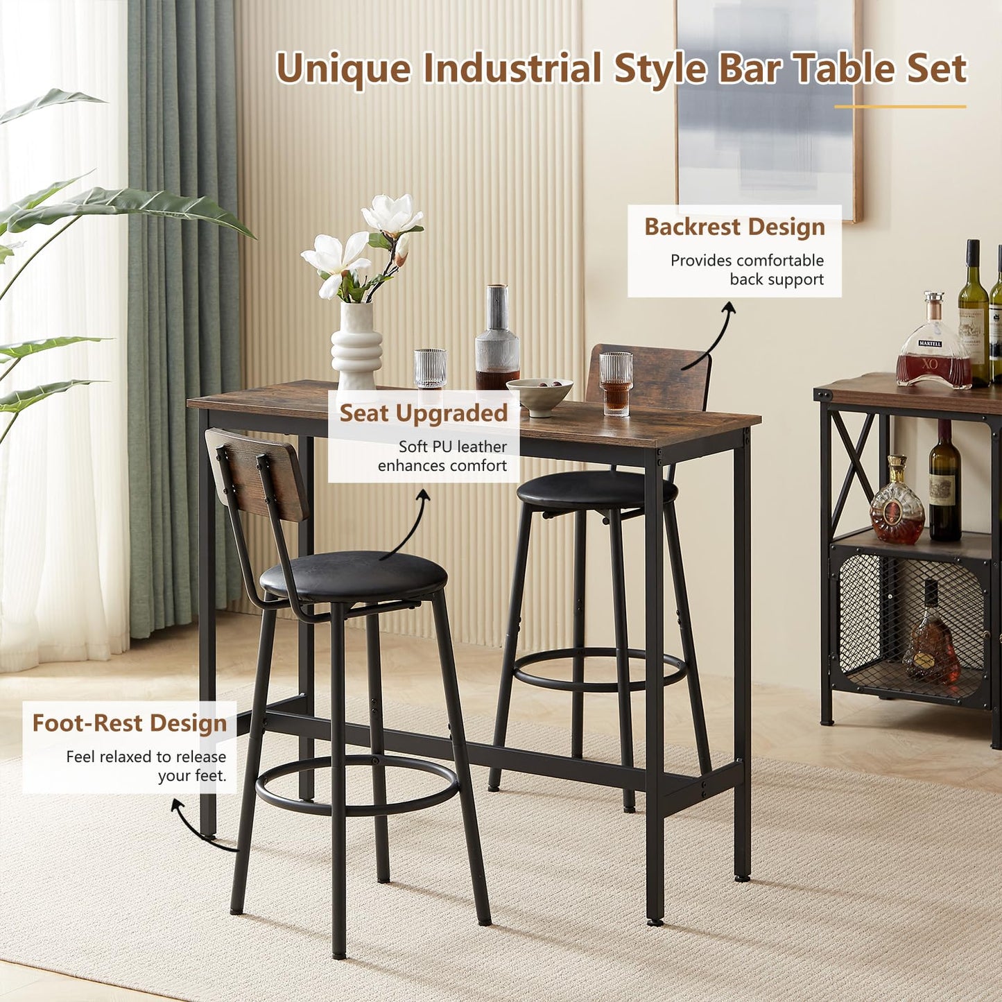 Tatub Industrial Bar Table and 2 Stools Set with PU Upholstery, Rustic Brown Finish