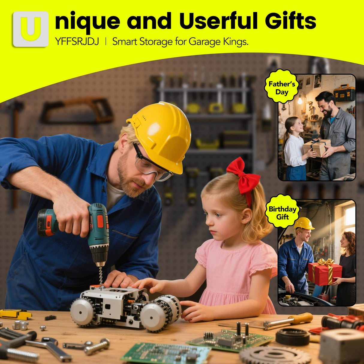 YFFSRJDJ Power Tool Organizer Wall Mount with Charging Station – King of the Garage, 4 Drill Holders, Heavy Duty Cordless Tool Rack with 4-Outlet Power Strip, Gifts for Him, Birthday Gifts for Men YFFSRJDJ