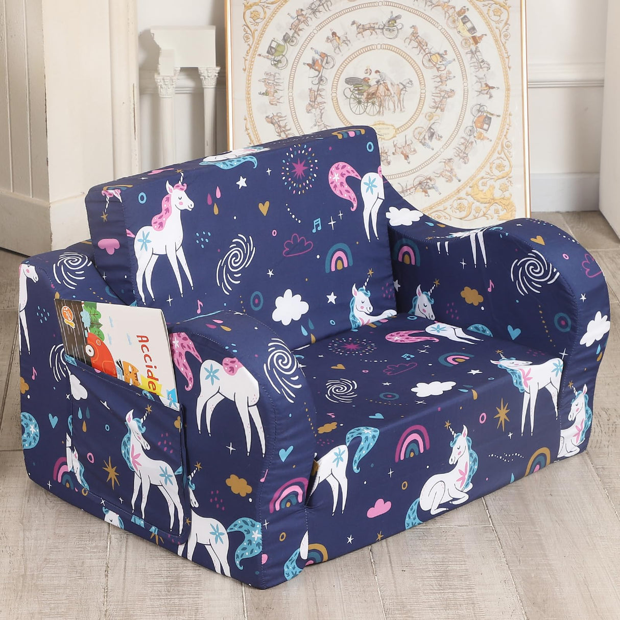 MOMCAYWEX Rainbow Unicorn Kids Sofa, 2-in-1 Kids Couch Fold Out, Convertible Sofa to Bed for Girls and Boys MOMCAYWEX