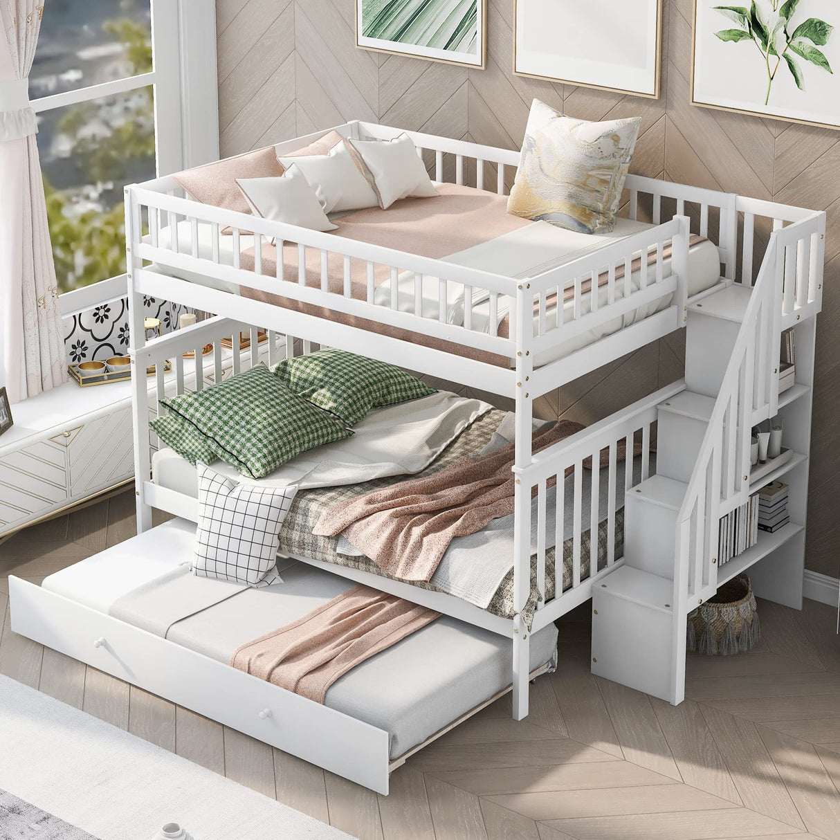 Harper & Bright Designs Full Over Full Bunk Bed with Trundle, Wooden Bunk Bed with Staircase, for Kids Teens Adults (White) Harper & Bright Designs