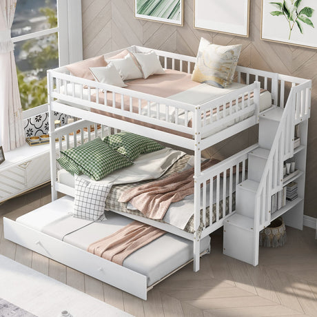 Harper & Bright Designs Full Over Full Bunk Bed with Trundle, Wooden Bunk Bed with Staircase, for Kids Teens Adults (White) Harper & Bright Designs