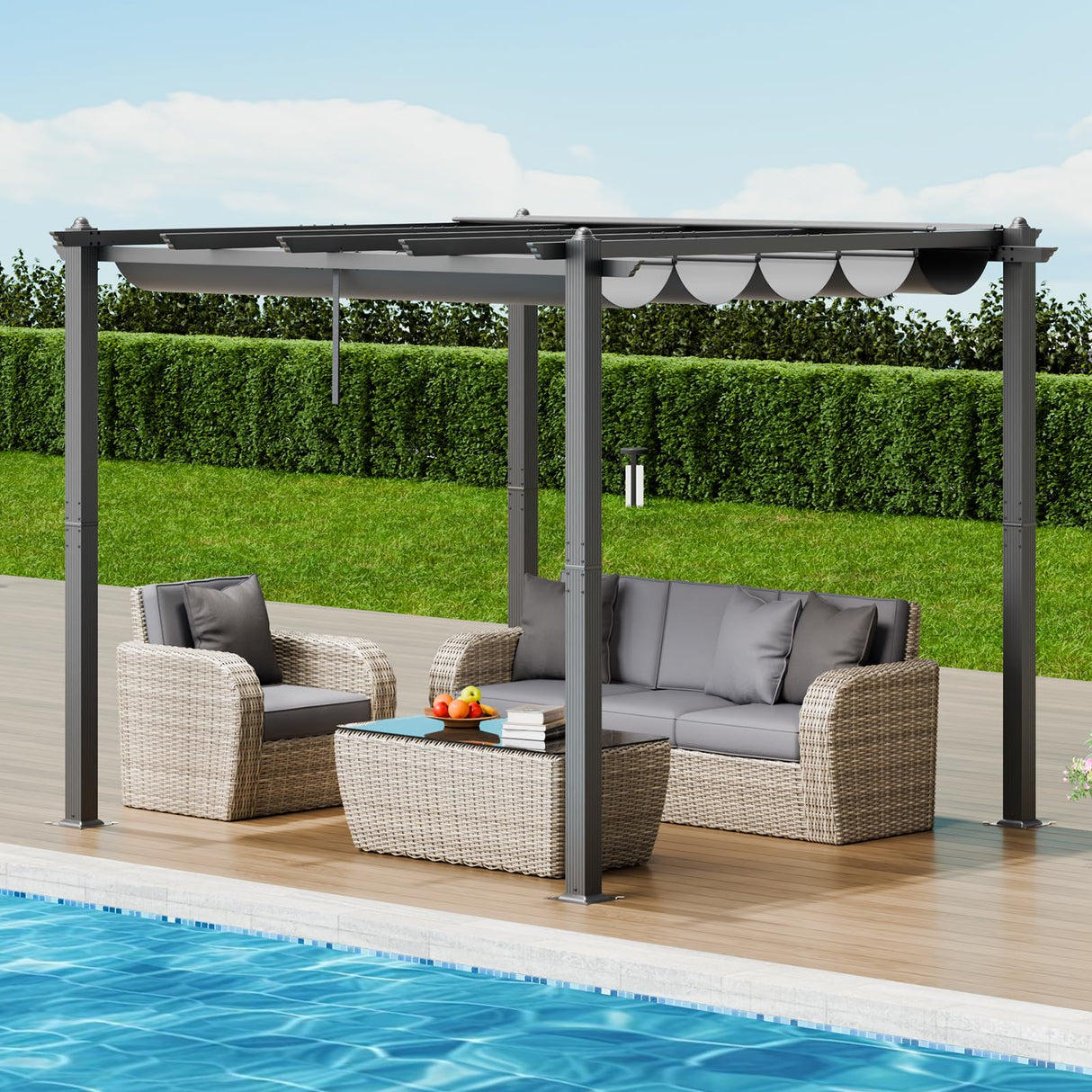VEVOR 10'x10' Outdoor Retractable Pergola with Canopy, Aluminum Pergola with Retractable Canopy, Modern Pergola with Sun Shade Canopy for Patios, Gardens, Decks, Backyards (Gray) VEVOR