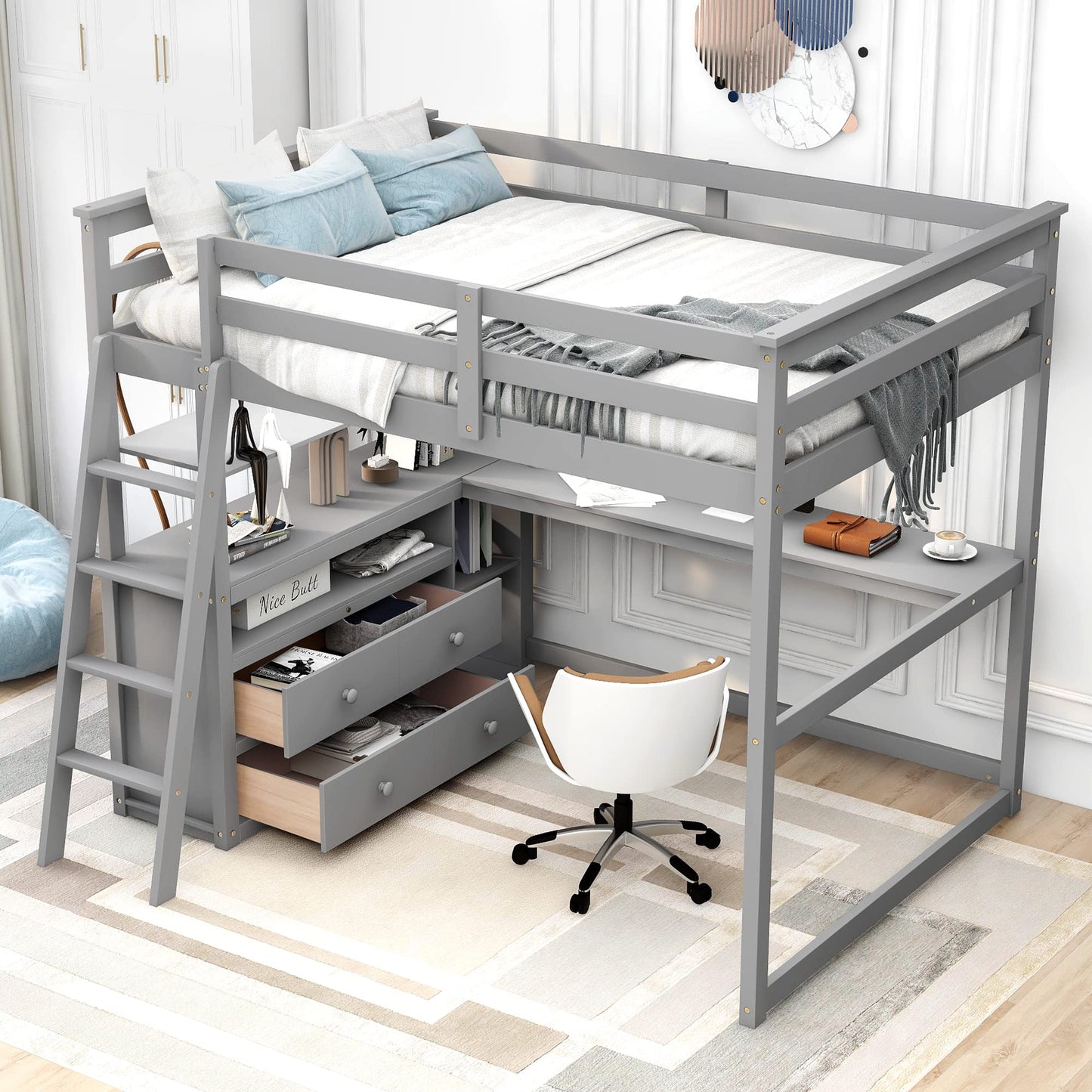 Harper & Bright Designs Grey Full Size Loft Bed with Desk, Storage Drawers, and Shelves - WoodArtSupply