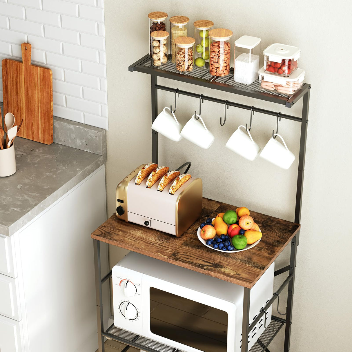 HOOBRO Kitchen Bakers Rack with Power Outlet, 4 Tiers Microwave Oven Stand with Storage, Coffee Bar Table with 9 S-shaped Hooks, Kitchen Storage Shelf Rack, Rustic Brown and Black BF58UHB01 HOOBRO