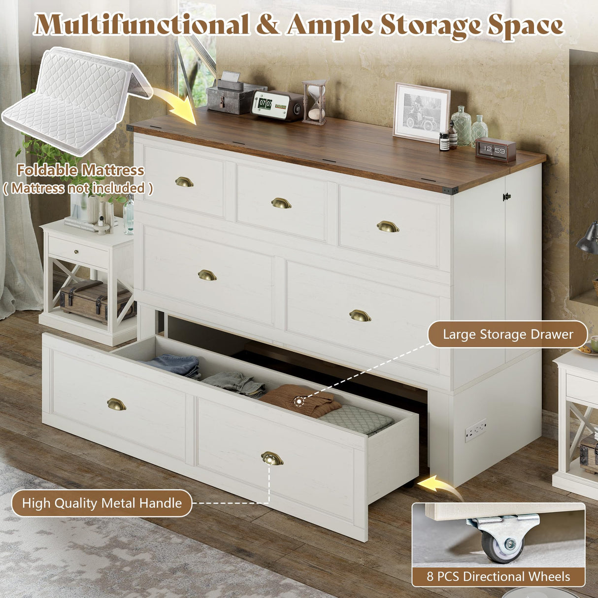 AMERLIFE Queen Size Murphy Bed, Farmhouse Cabinet Bed Frame with Charging Station and Storage Drawer for Bedroom/Office/Guest Room, White+Barnwood AMERLIFE