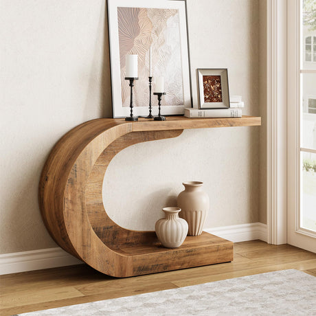 LITTLE TREE 43.3 Inches Farmhouse Console Table, 2-Tier C-Shaped Sofa Table Behind The Couch, Wooden Entryway Table Narrow Hallway Foyer Table for Living Room, Entrance, Brown LITTLE TREE