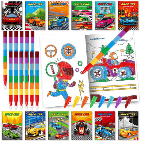 BenLouis 24 Race Car Mini Coloring Books Kids with 24 Stacking Crayons Racing Theme Party Favors Activity Books Bulk for Kids Fast Racecar Wheel Birthday Goodie Bag Gift Stuffer Classroom Reward BenLouis