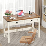 YOMILUVE Farmhouse Computer Desk with 2 Drawers, 39 Inch Small Office Computer Desk with Power Outlets, Compact Writing Study Desk for Small Spaces, Antique White YOMILUVE