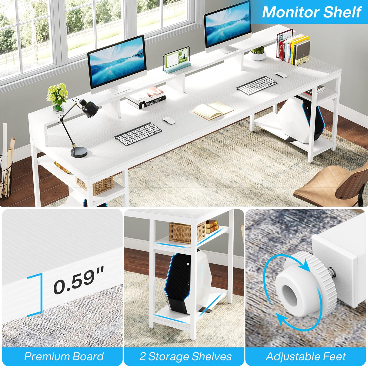 Tribesigns Two Person Desk with Monitor Stand, 78.74" Long Double Computer Office Desk with Storage Shelves, Large Gaming Desk Study Writing Table Workstation for Home Office (White) Tribesigns