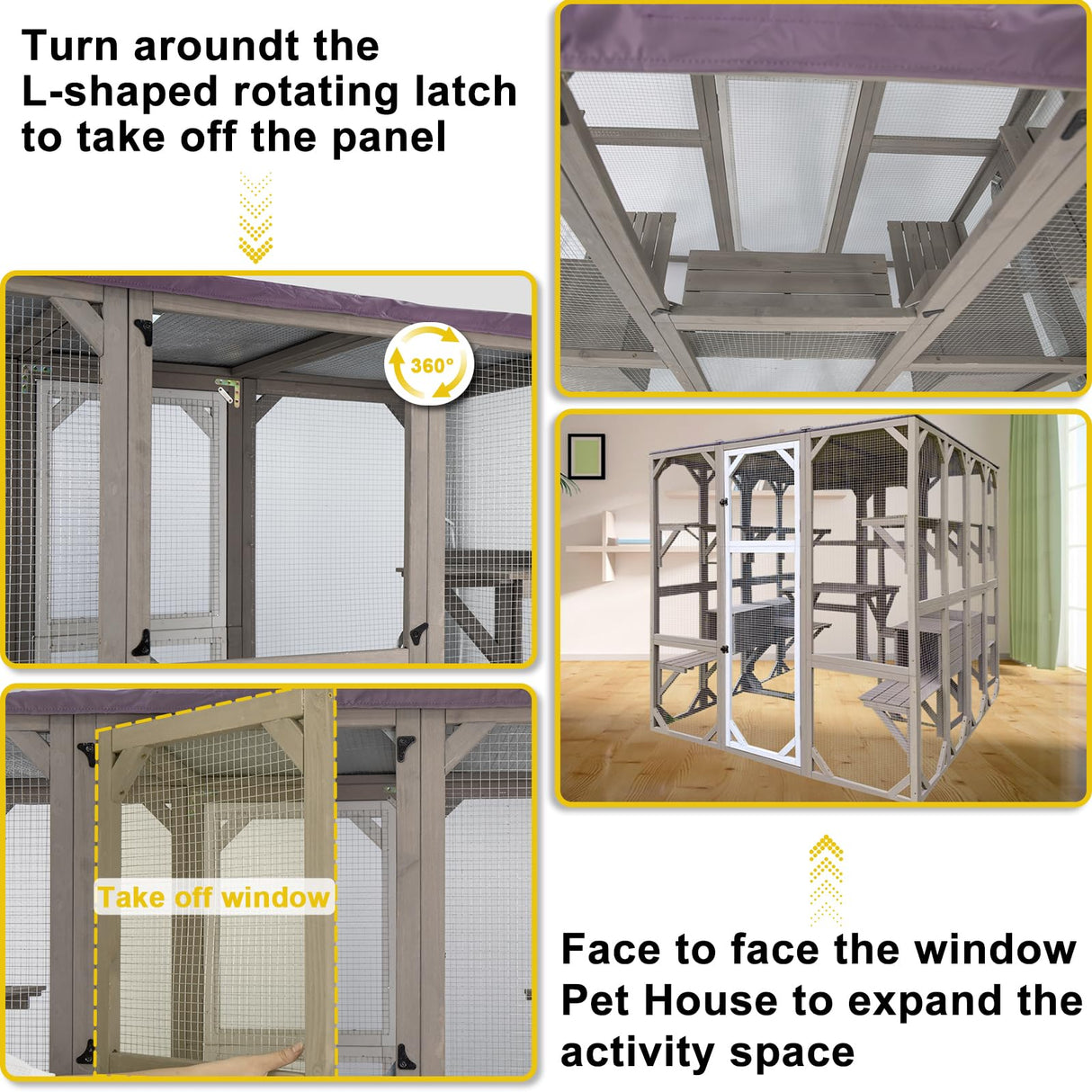 PetsCosset 67.7" Catio Outdoor Cat Enclosures,Large Cat Catio for Indoor, Catio Attach to Cat Window,Wooden Outside Cat Patio with Resting Room,Removable Sun Protection and Waterproof Roof PetsCosset