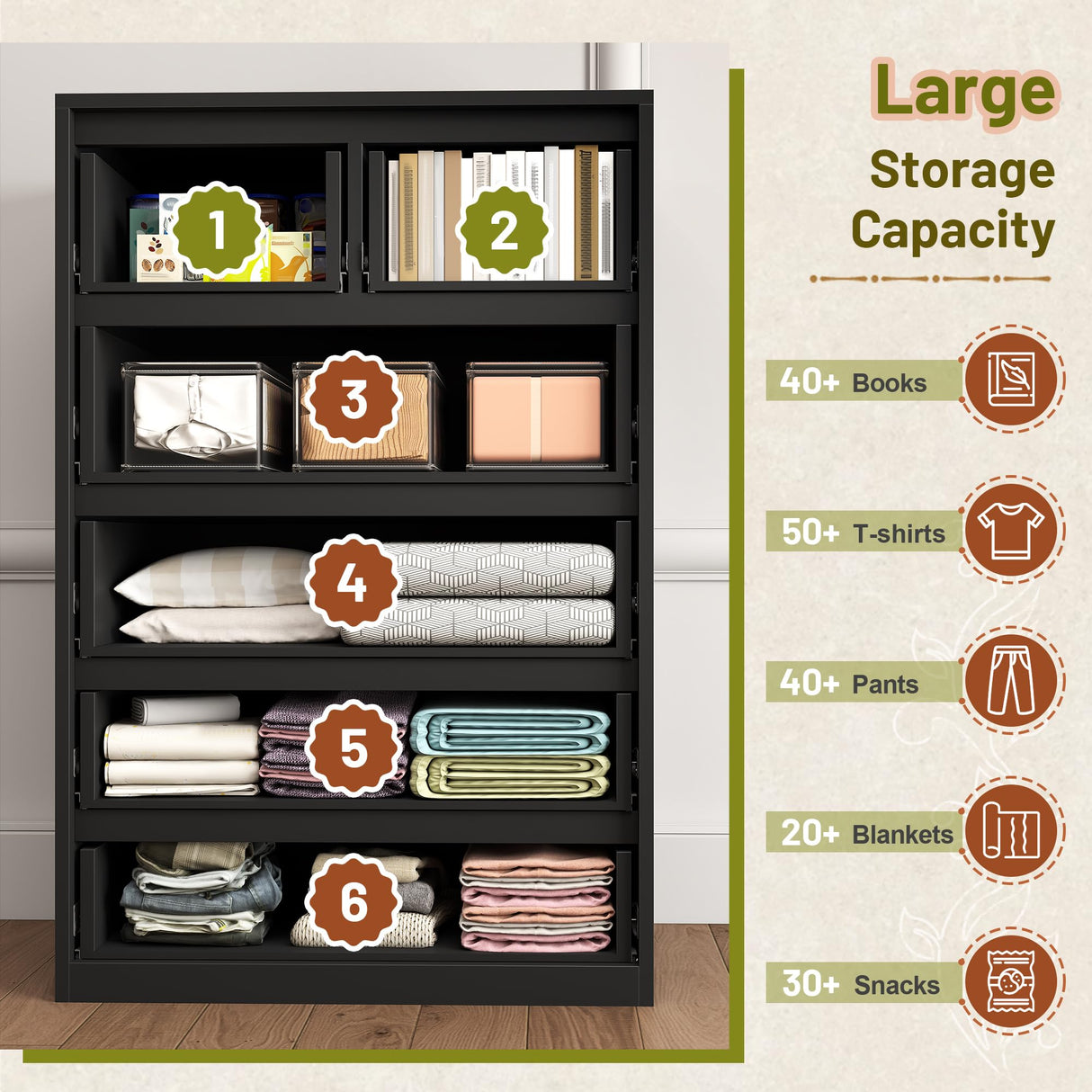 Romorgniz 6 Drawer Dresser for Bedrom, Black Tall Chest of Drawers Modern Wooden Dresser for Living Room, Entryway, Hallway, 43.2" H X 27.6" W X15.6 D Romorgniz