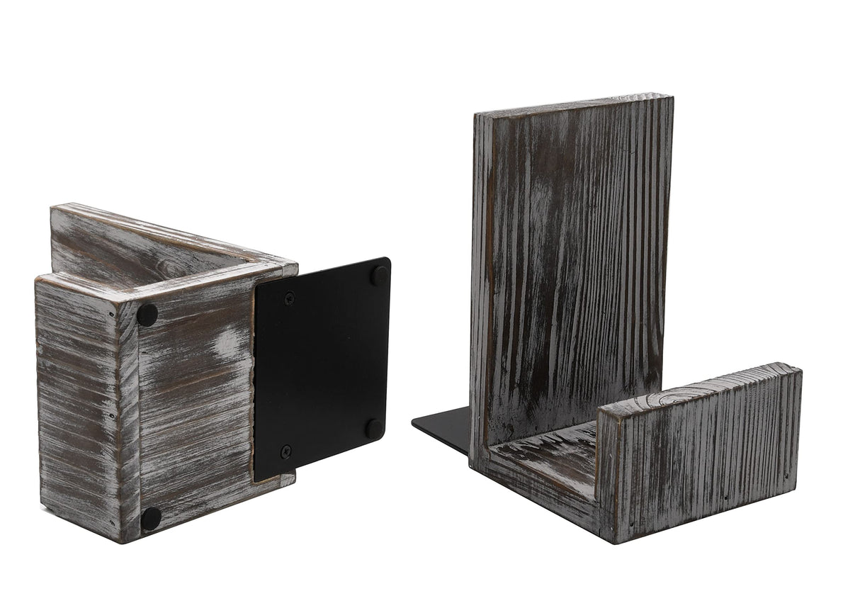 OwlGift Rustic Torched Wood L-Shaped Solid Wood Bookends, Decorative Bookends w/Black-Tone Metal Supports, Non-Skid and Sturdy to Hold Heavy Books, 1-Pair Owlgift