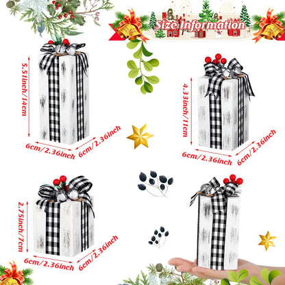 Amyhill 3 Pcs Christmas Wooden Gifts Box Decor Christmas White Black Plaid Presents Table Centerpieces Rustic Wooden Gifts Tiered Tray Decor with Buffalo Plaid Bowknot for Xmas Party Decor