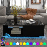 LED Black Coffee Table for Living Room with Drawer & 16 Colors Lights, 43.3IN High Gloss Modern Coffee Table with Storage Space, Rectangle Side Central Table COSVALVE