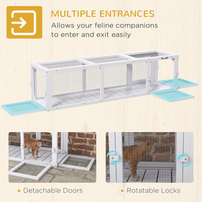 PawHut Outdoor Cat Tunnel with Extendable Design, 59" L Wooden Cat Run with Weather Protection, Connecting Inside and Outside, for Deck Patios, Balconies, White - WoodArtSupply