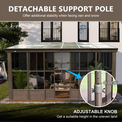 Domi Lean-to Sunroom 10x12FT, Wall Mounted Solarium with Sloping Polycarbonate Roof, Detachable Polycarbonate Screens, 2 Lockable Sliding Doors, Aluminum Gazebo Against Wall Sun Room for Pati - WoodArtSupply