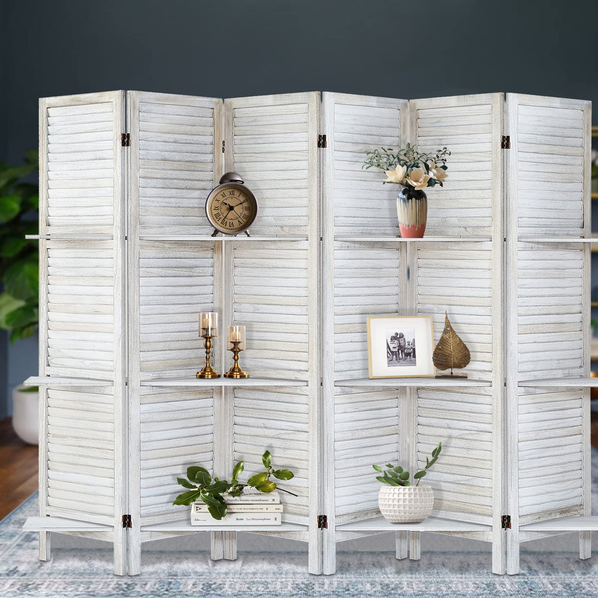 AMBITION LAND Room Divider with Shelves, Privacy Screen, Room Dividers and Folding Privacy Screens, 6 Panel Wood Temporary Wall Partition Separation Separator, Coconut AMBITION LAND
