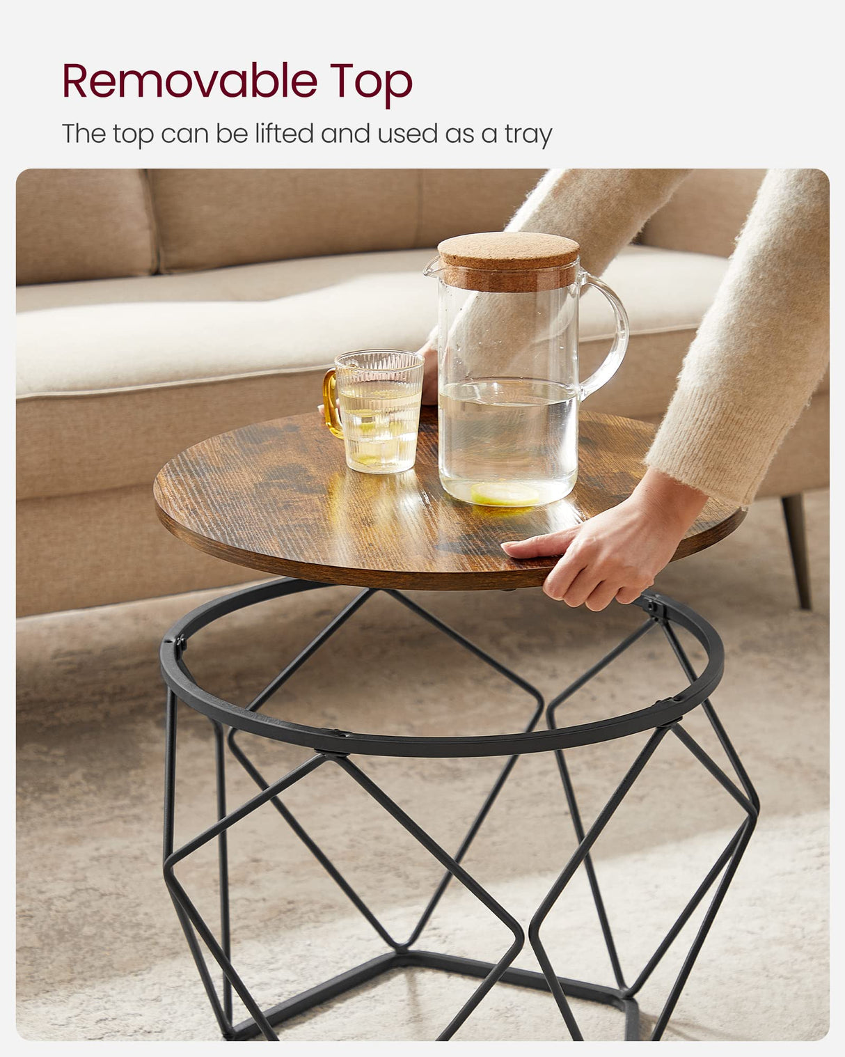 VASAGLE Small Coffee Table Set of 2, Round Coffee Table with Steel Frame, Side End Table for Living Room, Bedroom, Office, Rustic Brown and Ink Black VASAGLE