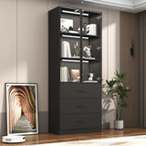 chartustriable 79" Tall Display Cabinet with LED Sensor Light & Pop-up Glass Doors & Drawers, Modern Bookcase Curio Storage Cabinet for Bedroom, Living Room, Office, Black chartustriable