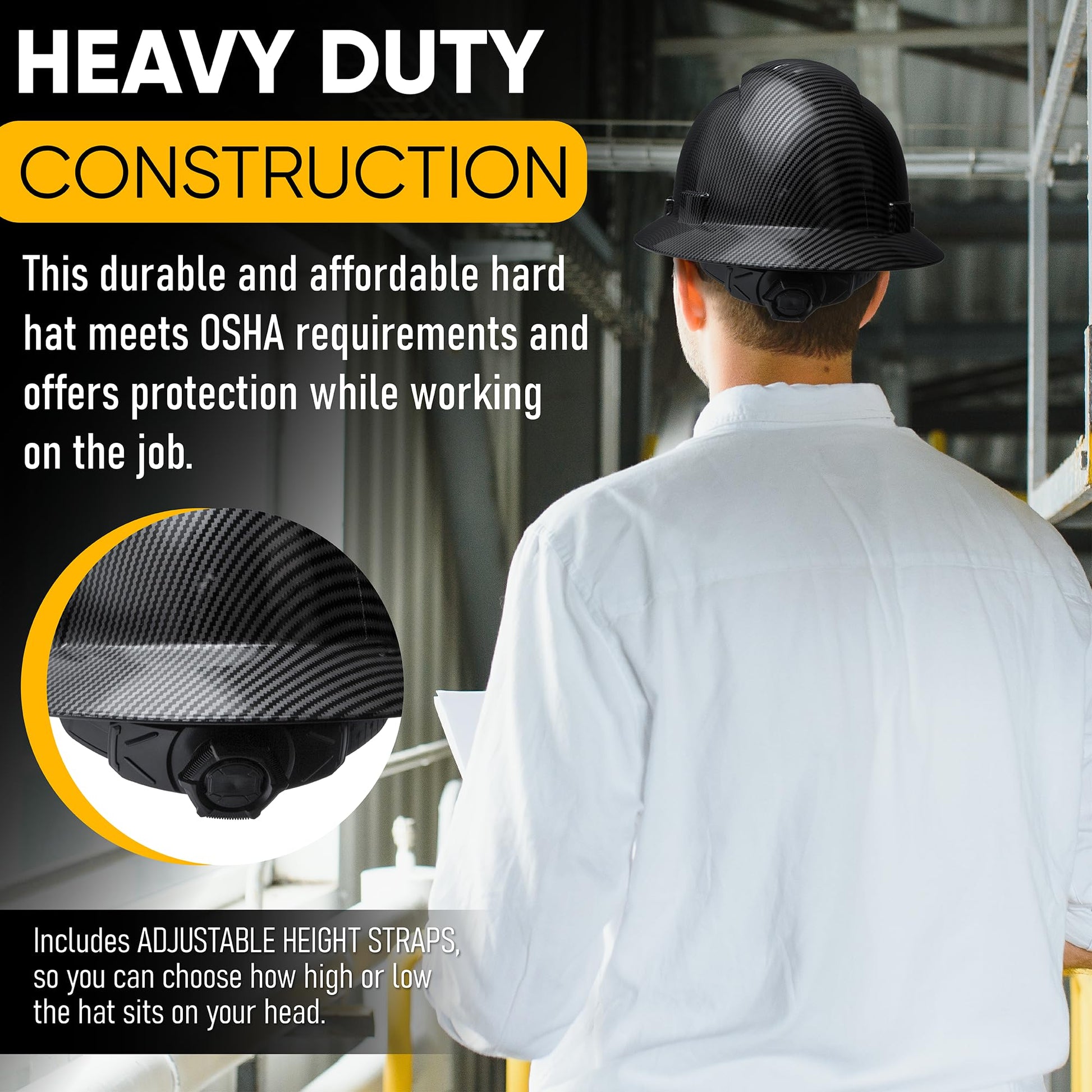 Hard Hat Construction OSHA Approved Vented Full Brim Safety Helmet Black Carbon Fiber Design Hard Hats, Cascos De Construccion Work Hardhat, 6 Point Ratcheting System | Meets ANSI Z89.1 - WoodArtSupply