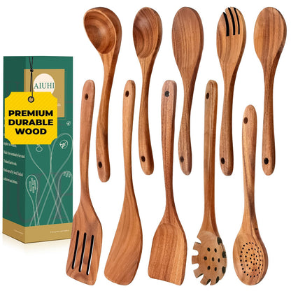 AIUHI Wooden Kitchen Utensils Set, Smooth Finish Wooden Spoons for Cooking, Teak Wood Cooking Utensils Set for Kitchen Essential Tools