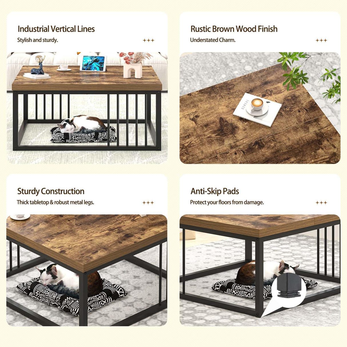 FOLUBAN Modern Coffee Table, Square Center Table for Living Room, Industrial Rustic Wood and Metal Cocktail Tea Table, 31.5 Inch, Brown FOLUBAN