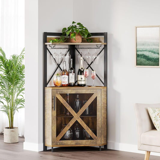 Buytime Corner Bar Cabinet with Storage, Wine Cabinet with Glass Holder, Metal Mesh Door & Adjustable Shelf, Liquor Cabinet Bar for Home, Corner Wine Rack for Living Room, Dining Room, Kitchen, Brown