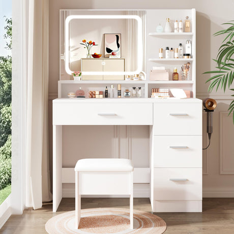 LIVELYGLOW Makeup Vanity Desk Set, 35.4“Wx15.7”Dx53.9“H, White (Smart LED Mirror, with Cushion Stool, Hairdryer Rack, Power-Outlet, 4 Drawers, Open Shelves) LIVELYGLOW