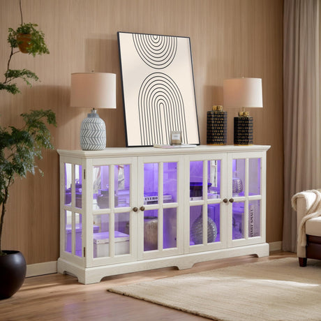 CKEASEAN 59" W LED Curio Display Cabinet, Glass Vintage Cabinet with 4 Glass Doors and Adjustable Shelves for Collectibles, Display Cabinet with Smartphone-Controlled,for Home Office (White) CKEASEAN