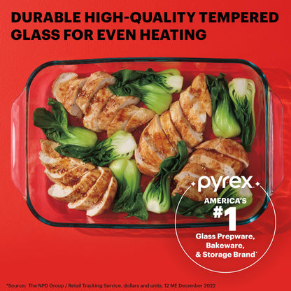 Pyrex Basics 3-Pack Glass Baking Dish Set (2QT, 3QT, 4.8QT) With BPA-Free Lids, Rectangular Glass Bakeware, Dishwasher, Microwave, Freezer & Pre-Heated Oven Safe